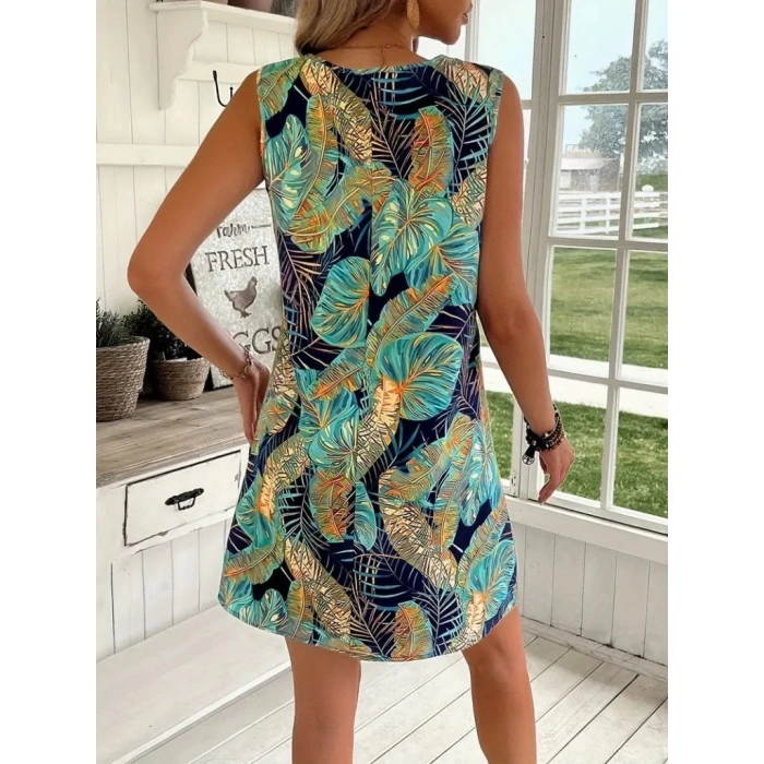 MARSiLYAN- Kadın Sıfır Kollu Yuvarlak Yaka Desenli Süprem Elbise