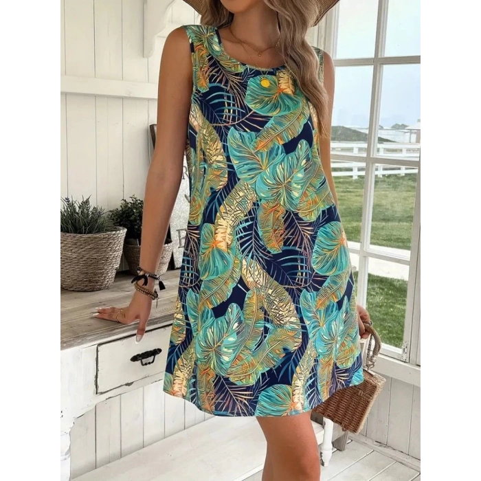 MARSiLYAN- Kadın Sıfır Kollu Yuvarlak Yaka Desenli Süprem Elbise