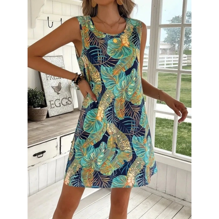 MARSiLYAN- Kadın Sıfır Kollu Yuvarlak Yaka Desenli Süprem Elbise