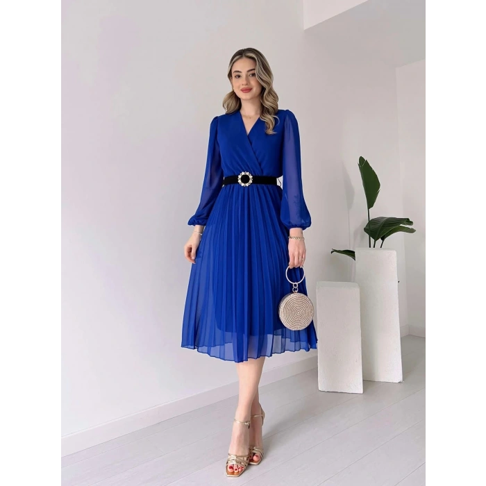 MARSiLYAN- Kadın şifon Kumaş Astalı Kloş Kesim Kruvaze Yaka Midi Boy Elbise