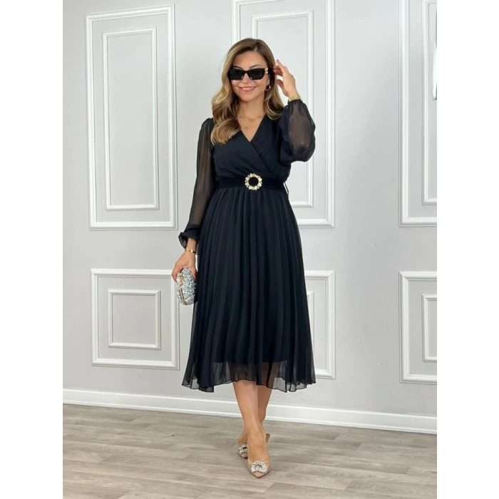 MARSiLYAN- Kadın şifon Kumaş Astalı Kloş Kesim Kruvaze Yaka Midi Boy Elbise