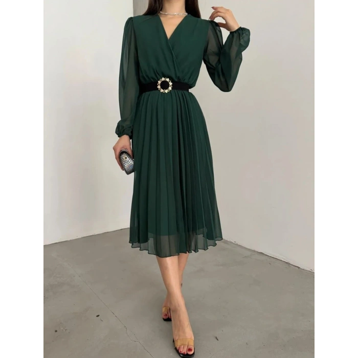 MARSiLYAN- Kadın şifon Kumaş Astalı Kloş Kesim Kruvaze Yaka Midi Boy Elbise