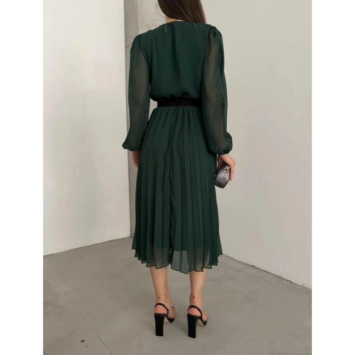 MARSiLYAN- Kadın şifon Kumaş Astalı Kloş Kesim Kruvaze Yaka Midi Boy Elbise