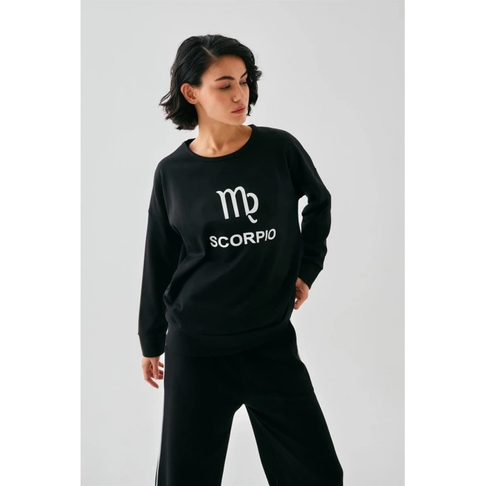 MARSiLYAN- Kadın Siyah Akrep Burcu Oversize 2 İplik Eşofman Ev Giyim Takımı