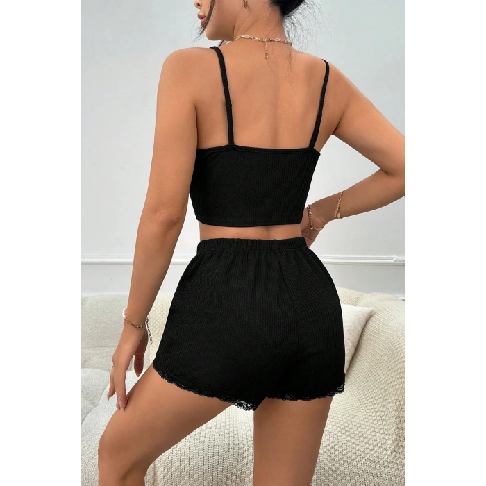 MARSiLYAN- Kadın Siyah Alt ve Üst Dantel Detaylı Fiyonklu Şortlu Gecelik Takımı