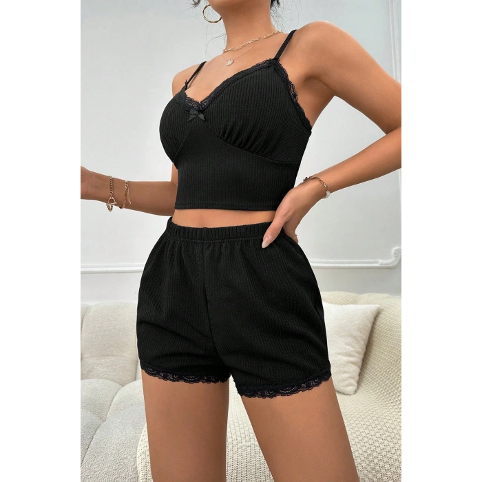 MARSiLYAN- Kadın Siyah Alt ve Üst Dantel Detaylı Fiyonklu Şortlu Gecelik Takımı