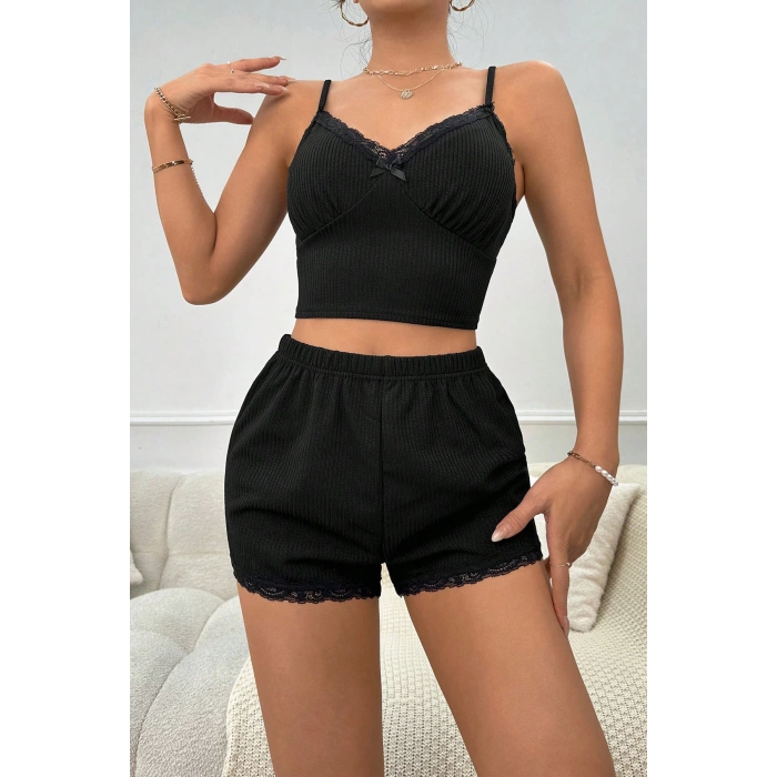 MARSiLYAN- Kadın Siyah Alt ve Üst Dantel Detaylı Fiyonklu Şortlu Gecelik Takımı