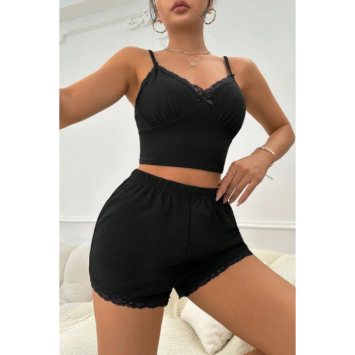 MARSiLYAN- Kadın Siyah Alt ve Üst Dantel Detaylı Fiyonklu Şortlu Gecelik Takımı