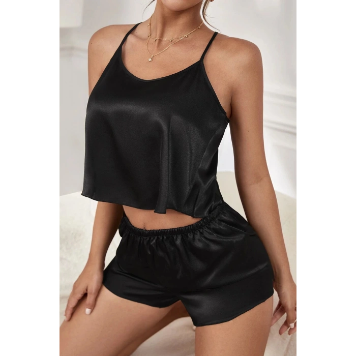 MARSiLYAN- Kadın Siyah Asimetrik Sırt Dekolte Detaylı Şık Şortlu Gecelik Takım