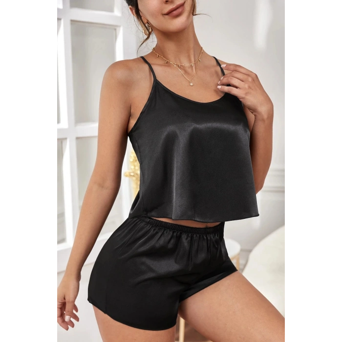 MARSiLYAN- Kadın Siyah Asimetrik Sırt Dekolte Detaylı Şık Şortlu Gecelik Takım