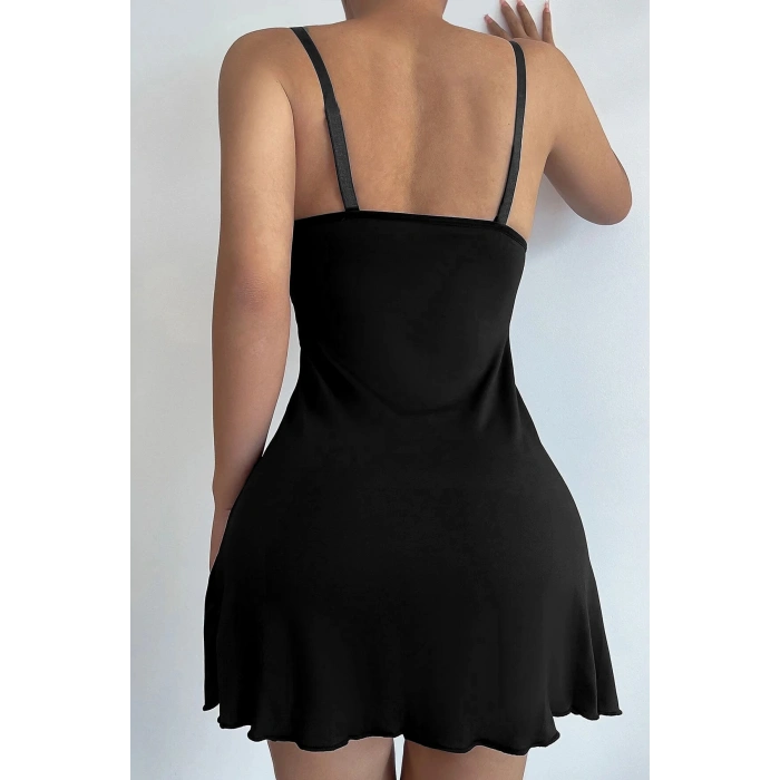 MARSiLYAN- Kadın Siyah Askılı Beli Dantelli Göğsü Fiyonklu Şık Gecelik