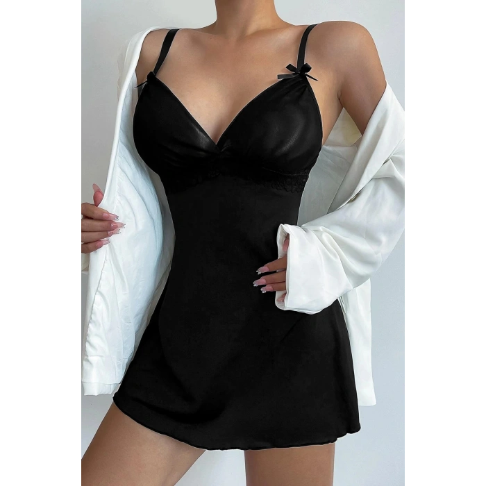 MARSiLYAN- Kadın Siyah Askılı Beli Dantelli Göğsü Fiyonklu Şık Gecelik