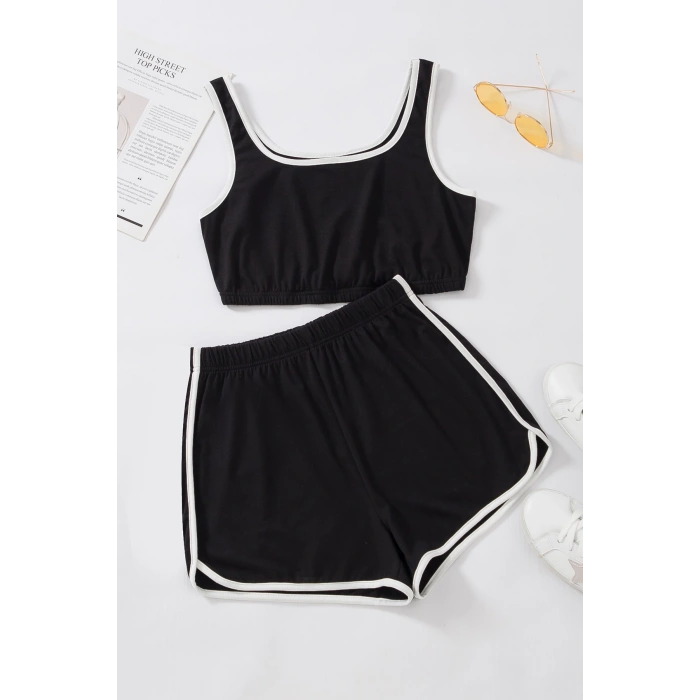 MARSiLYAN- Kadın Siyah Askılı Crop Top ve Şortlu Gecelik Takım