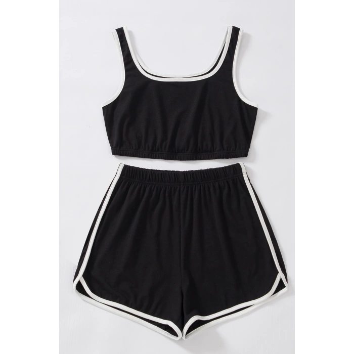 MARSiLYAN- Kadın Siyah Askılı Crop Top ve Şortlu Gecelik Takım