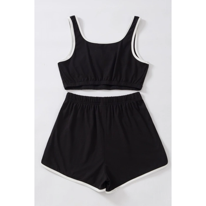MARSiLYAN- Kadın Siyah Askılı Crop Top ve Şortlu Gecelik Takım