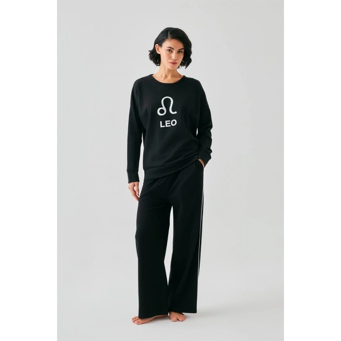MARSiLYAN- Kadın Siyah Aslan Burcu Oversize 2 İplik Eşofman Ev Giyim Takımı
