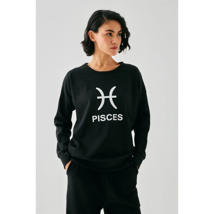 MARSiLYAN- Kadın Siyah Balık Burcu Oversize 2 İplik Eşofman Ev Giyim Takımı