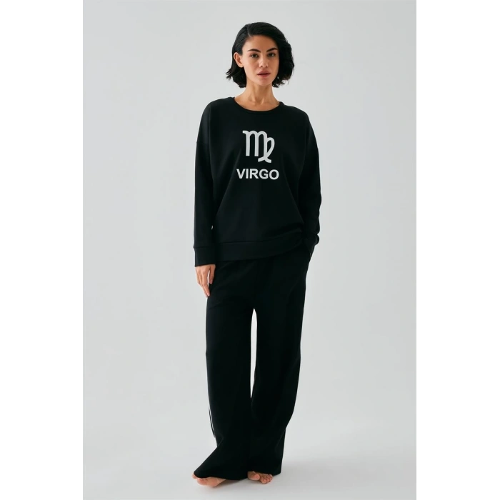 MARSiLYAN- Kadın Siyah Başak Burcu Oversize 2 İplik Eşofman Ev Giyim Takımı