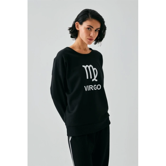 MARSiLYAN- Kadın Siyah Başak Burcu Oversize 2 İplik Eşofman Ev Giyim Takımı