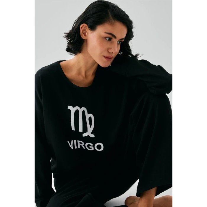 MARSiLYAN- Kadın Siyah Başak Burcu Oversize 2 İplik Eşofman Ev Giyim Takımı