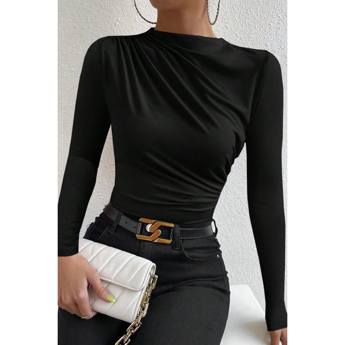 MARSiLYAN- Kadın Siyah Belden ve Boyundan Büzgü Detaylı Uzun Kollu Bluz