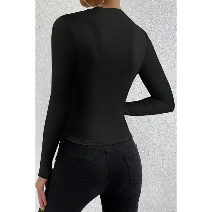 MARSiLYAN- Kadın Siyah Belden ve Boyundan Büzgü Detaylı Uzun Kollu Bluz