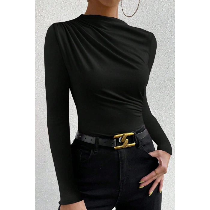MARSiLYAN- Kadın Siyah Belden ve Boyundan Büzgü Detaylı Uzun Kollu Bluz