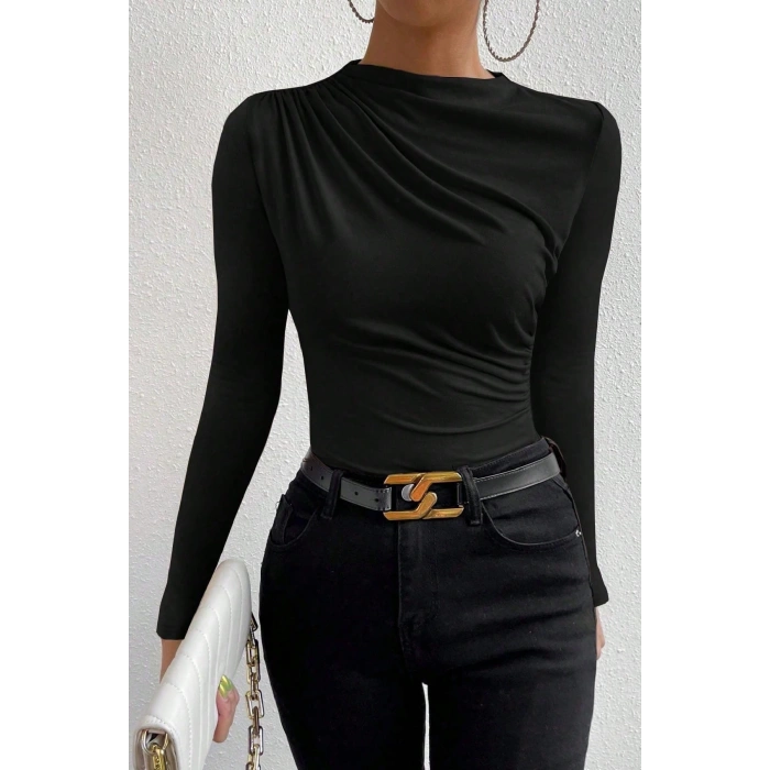 MARSiLYAN- Kadın Siyah Belden ve Boyundan Büzgü Detaylı Uzun Kollu Bluz