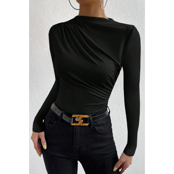 MARSiLYAN- Kadın Siyah Belden ve Boyundan Büzgü Detaylı Uzun Kollu Bluz