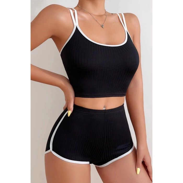 MARSiLYAN- Kadın Siyah Beyaz Çapraz Lastik Detaylı Kaşkorse Şortlu Gecelik Takımı