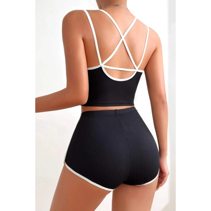 MARSiLYAN- Kadın Siyah Beyaz Çapraz Lastik Detaylı Kaşkorse Şortlu Gecelik Takımı