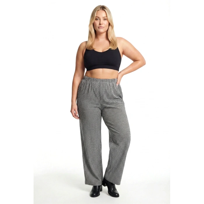 MARSiLYAN- Kadın Siyah Beyaz Kareli Büyük Beden Cepli Pijama Altı Rahat Kesim Esnek Bel Günlük Ev Giyim Alt