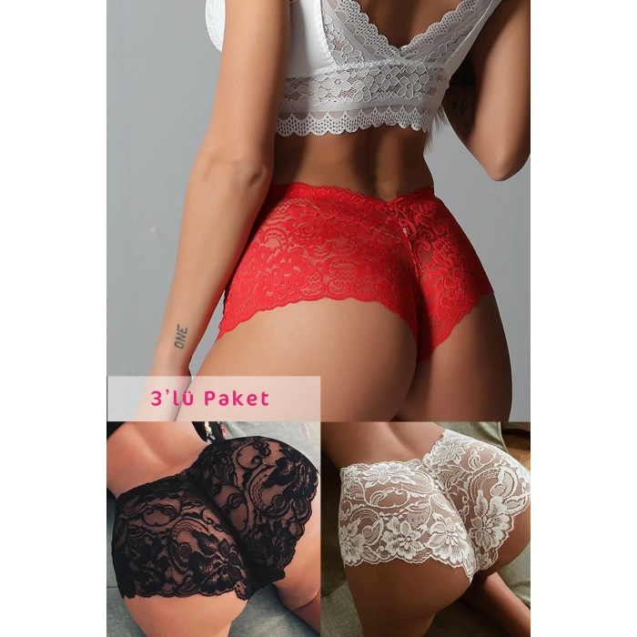 MARSiLYAN- Kadın Siyah Beyaz Kırmızı 3lü Paket Dantel Tanga Şort Külot