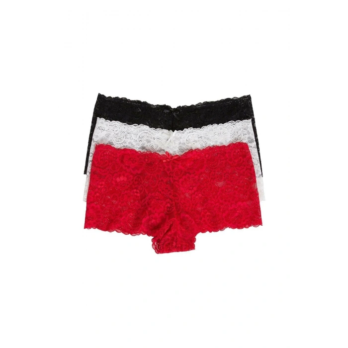 MARSiLYAN- Kadın Siyah Beyaz Kırmızı 3lü Paket Dantel Tanga Şort Külot