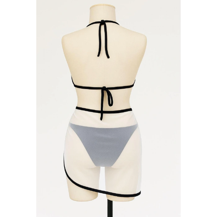 MARSiLYAN- Kadın Siyah Beyaz Pareolu Yandan ve Boyundan Bağlamalı 3lü Bikini Takımı