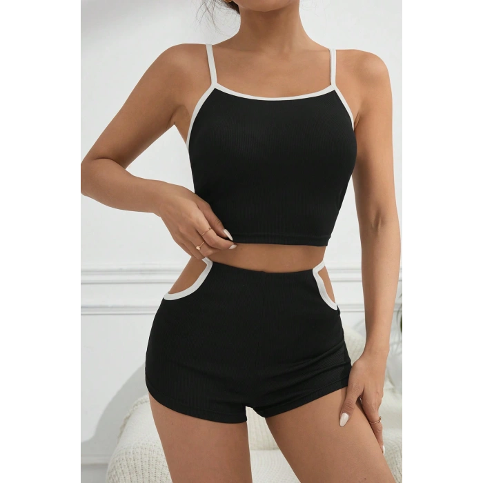 MARSiLYAN- Kadın Siyah Beyaz Şortlu Cut-Out Detaylı Gecelik Takımı