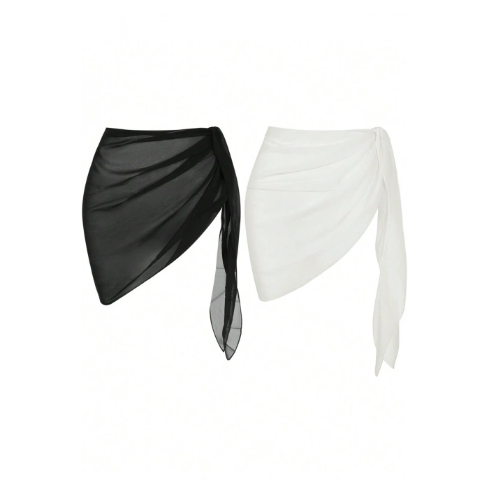 MARSiLYAN- Kadın Siyah Beyaz Transparan Belden Bağlamalı Pareo 2li