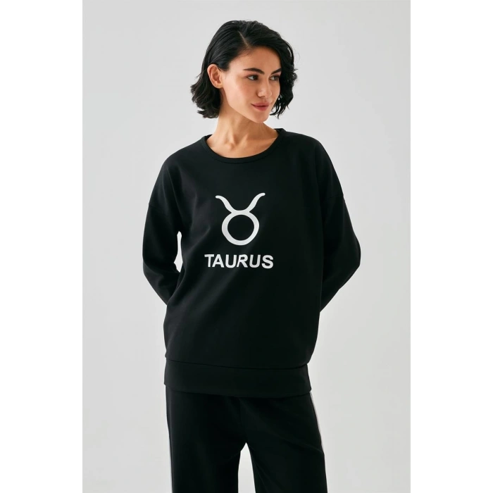 MARSiLYAN- Kadın Siyah Boğa Burcu Oversize 2 İplik Eşofman Ev Giyim Takımı