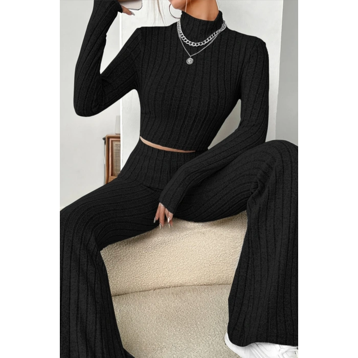 MARSiLYAN- Kadın Siyah Boğazlı Crop Top ve Yüksek Bel Eşofman Takımı Spor Şık Kombin