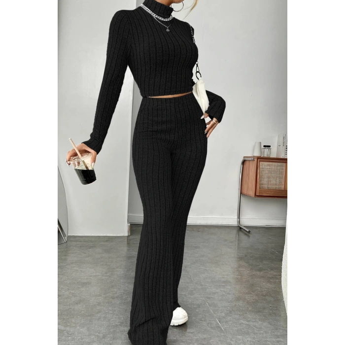 MARSiLYAN- Kadın Siyah Boğazlı Crop Top ve Yüksek Bel Eşofman Takımı Spor Şık Kombin