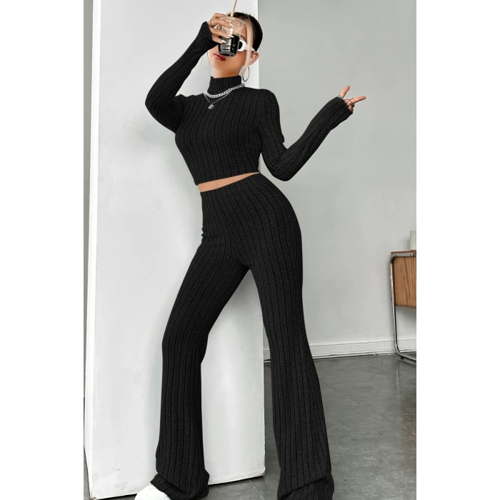 MARSiLYAN- Kadın Siyah Boğazlı Crop Top ve Yüksek Bel Eşofman Takımı Spor Şık Kombin