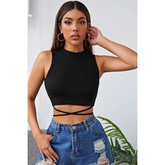 MARSiLYAN- Kadın Siyah Çapraz Bağlamalı Crop Top Büstiyer