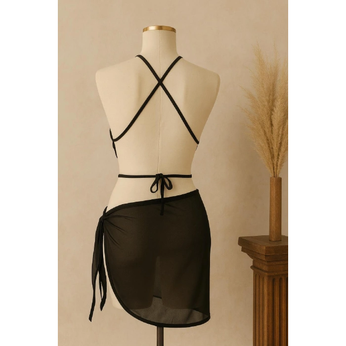 MARSiLYAN- Kadın Siyah Çapraz Bağlamalı Crop ve Pareo 2li Set