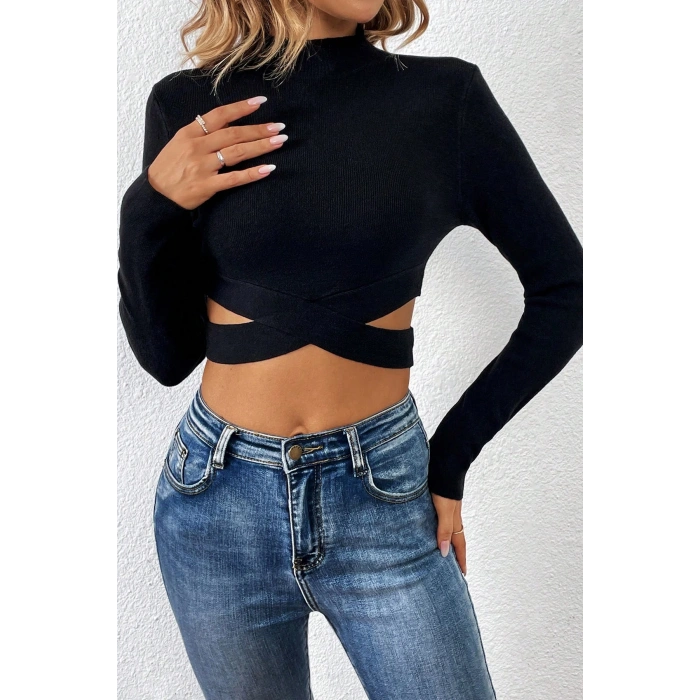 MARSiLYAN- Kadın Siyah Çapraz Bel Detaylı Dik Yaka Uzun Kol Crop Top Bluz