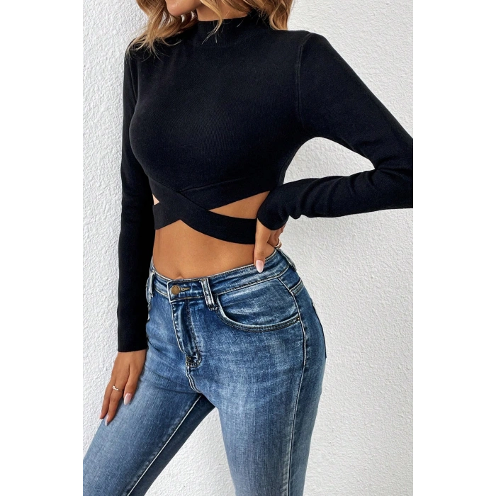 MARSiLYAN- Kadın Siyah Çapraz Bel Detaylı Dik Yaka Uzun Kol Crop Top Bluz