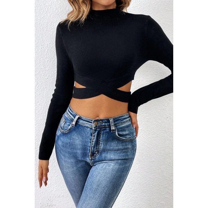 MARSiLYAN- Kadın Siyah Çapraz Bel Detaylı Dik Yaka Uzun Kol Crop Top Bluz