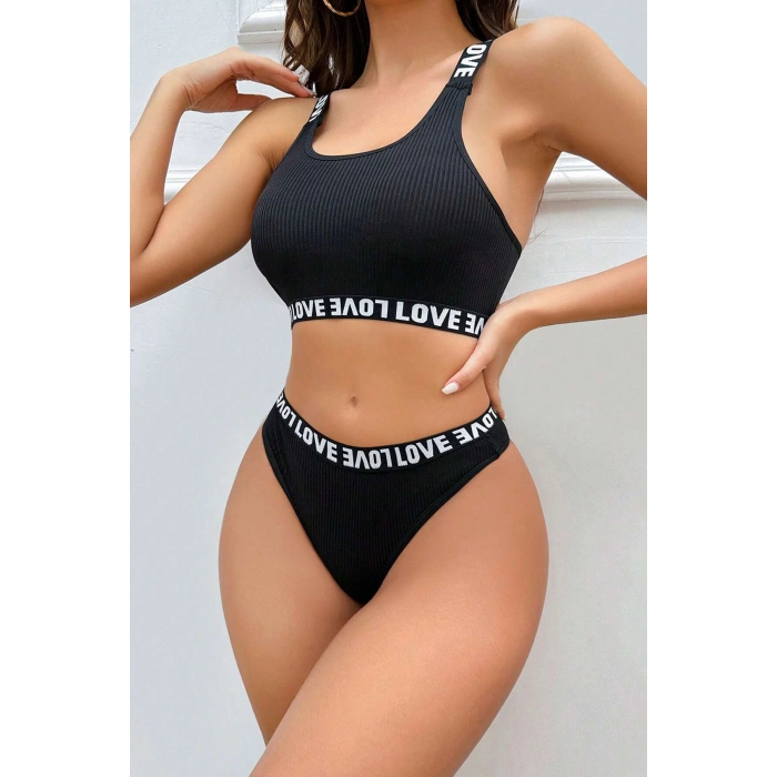 MARSiLYAN- Kadın Siyah Çapraz Sırt ve Love Lastik Detaylı Sütyen Külot Takım