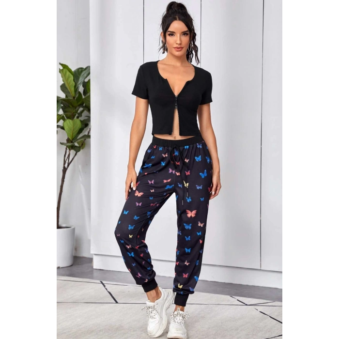 MARSiLYAN- Kadın Siyah Çift Fermuarlı Yarım Kol Crop Top Bluz