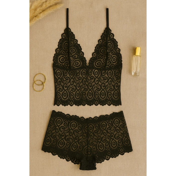 MARSiLYAN- Kadın Siyah Dantel Bralet Şort Takımı – Şık, Zarif ve Feminen İç Giyim
