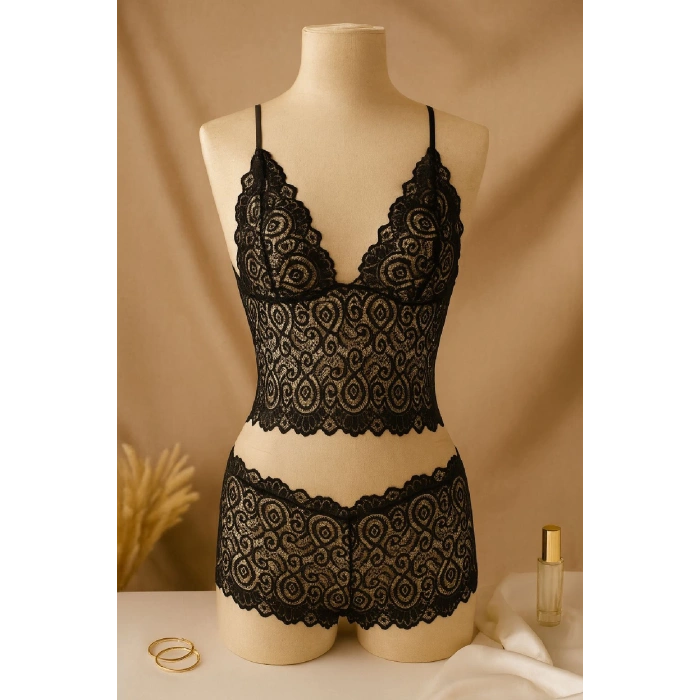 MARSiLYAN- Kadın Siyah Dantel Bralet Şort Takımı – Şık, Zarif ve Feminen İç Giyim